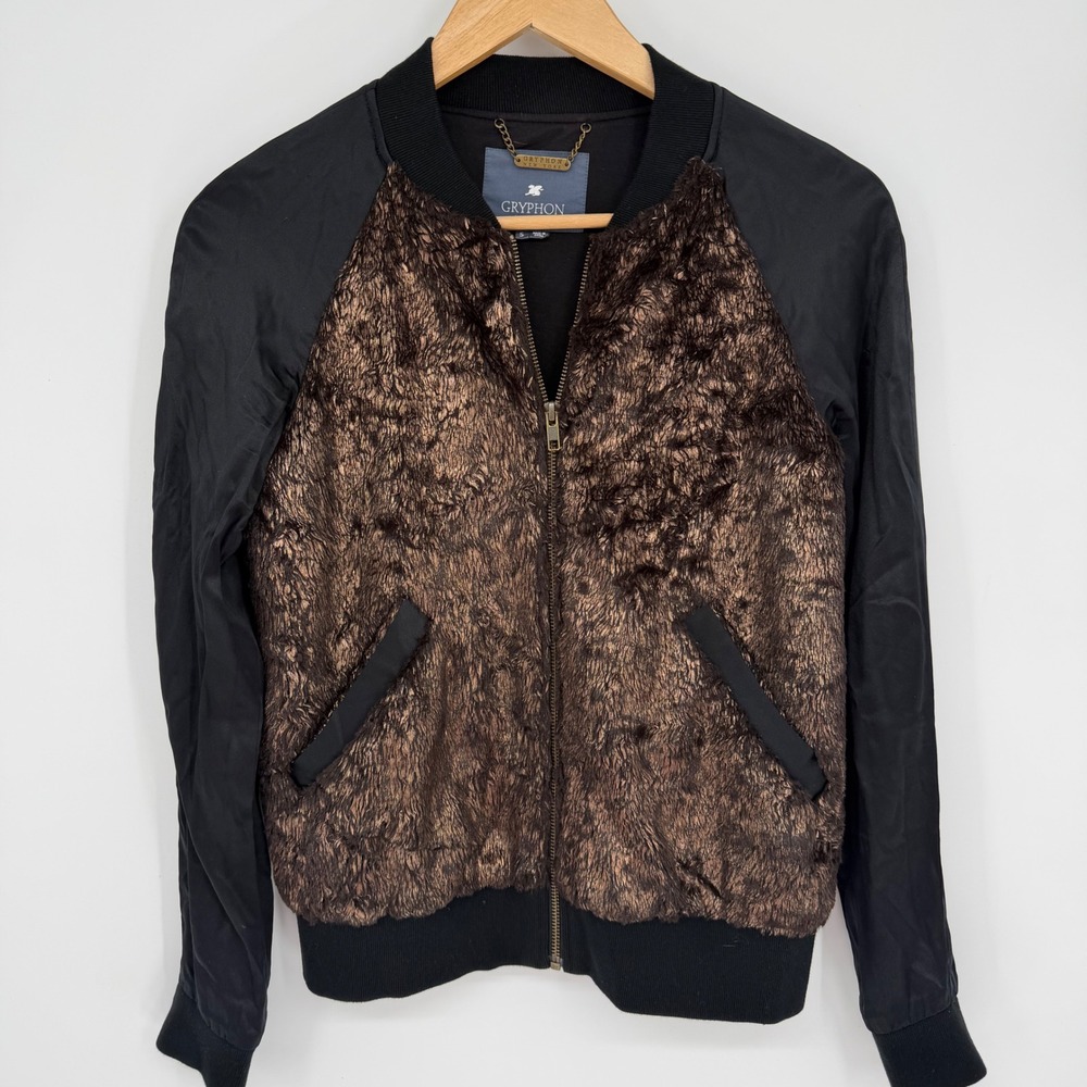Gryphon New York Metallic Bronze Faux Fur Silk Sleeve Bomber Jacket Small